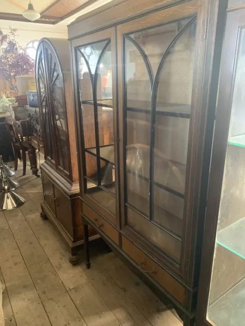 Antique Edwardian Walnut & Glass Display Cabinet with Boxwood Inlay (reduced )