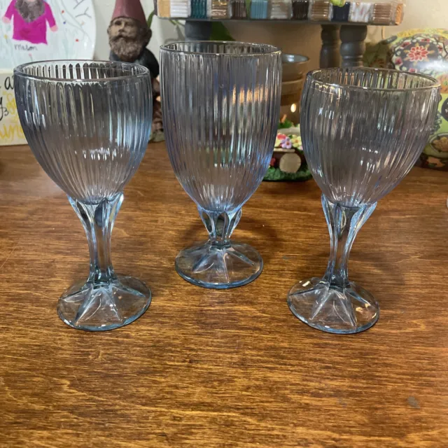 Vintage 3-Fostoria Light Blue Monet Footed Water Goblets Wine Glasses Petal Stem