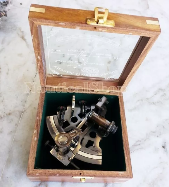 Nautical Brass Maritime Sextant 4'' With Wooden Box Decor Working New Item Gifts