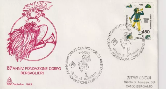 150° Anniv. Fondazione Corpo Dei Bersaglieri Fdc "Capitolium" 1986