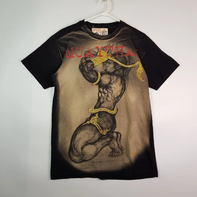 Vintage Human Fight Muay Thai Graphic Casual T-shirt Mens Size M Black Cotton