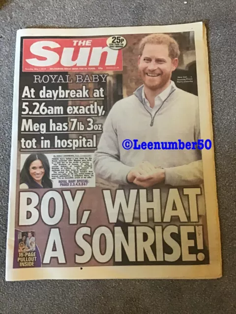 THE SUN newspaper Birth Of Royal Baby Boy 7/5/2019 Prince Harry And Meghan New