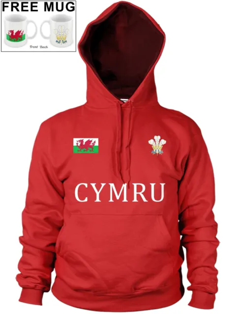 Wales Cymru Welsh Feathers Badge Hoody Dragon Rugby Hoodie Football  *FREE MUG*