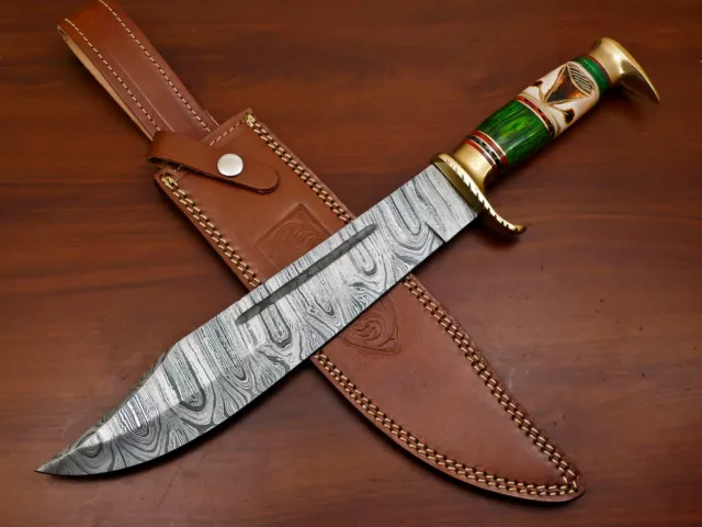 Rody Stan HEAVY DUTY HAND MADE DAMASCUS BLADE BOWIE HUNTING KNIFE -ENGRAVED BONE