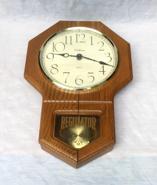 VINTAGE WALTHAM QUARTZ Regulator Wall Clock in Oak Case Works 25.00