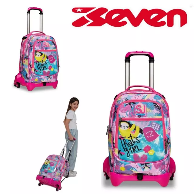 Trolley zaino seven bambina scuola elementare sganciabile animali 3 ruote rosa