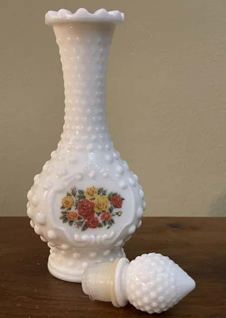 Avon HOBNAIL Bottle Milk Glass with Roses, Stopper