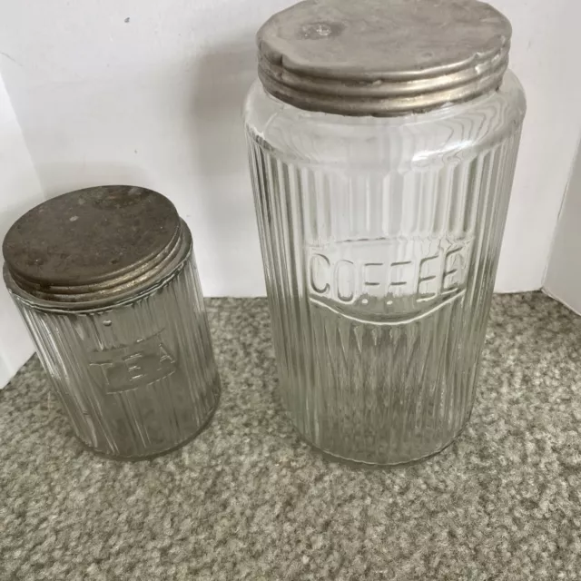 2 Vintage Hoosier Cabinet Glass Round Ribbed Coffee Tea Canisters Jars W/ Lids