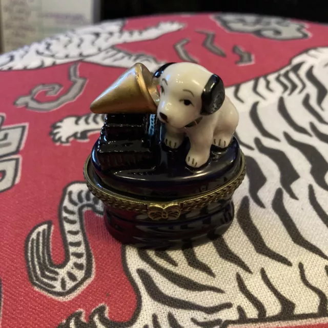 Puppy Dog Record Player Hinged Trinket Box Porcelain RCA Dog With Bone