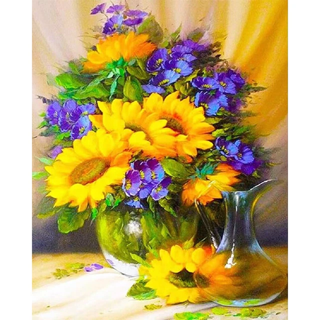 Hand Painted Oil Paint Kill Time Picture Colouring Vase Sunflowers Artcraft Gift