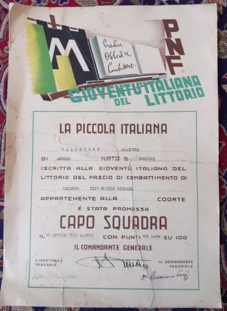 Diploma Gioventu' Del Littorio. Promozione A Caposquadra, Salerno,  1939. Vedi