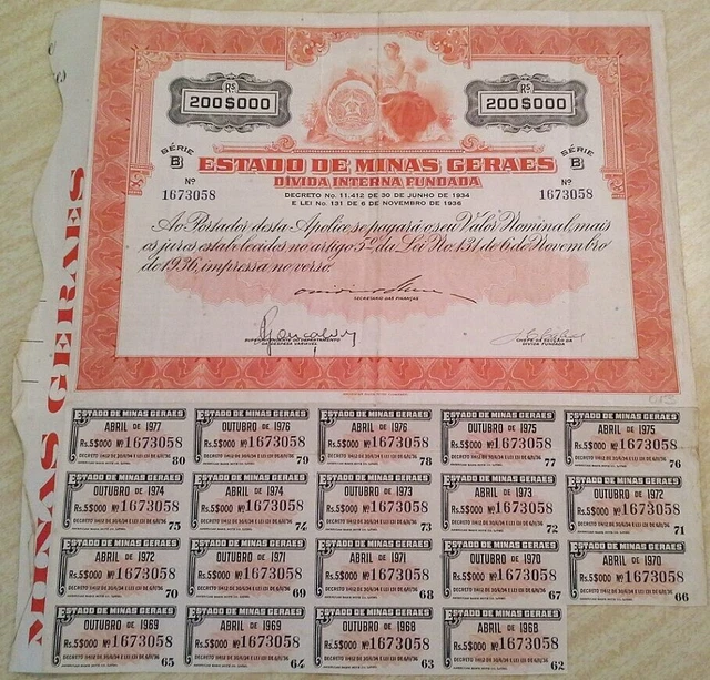 Brazilian 1936 Estado State Minas Geraes 200 Rs Coupons Bond Loan Share Stock