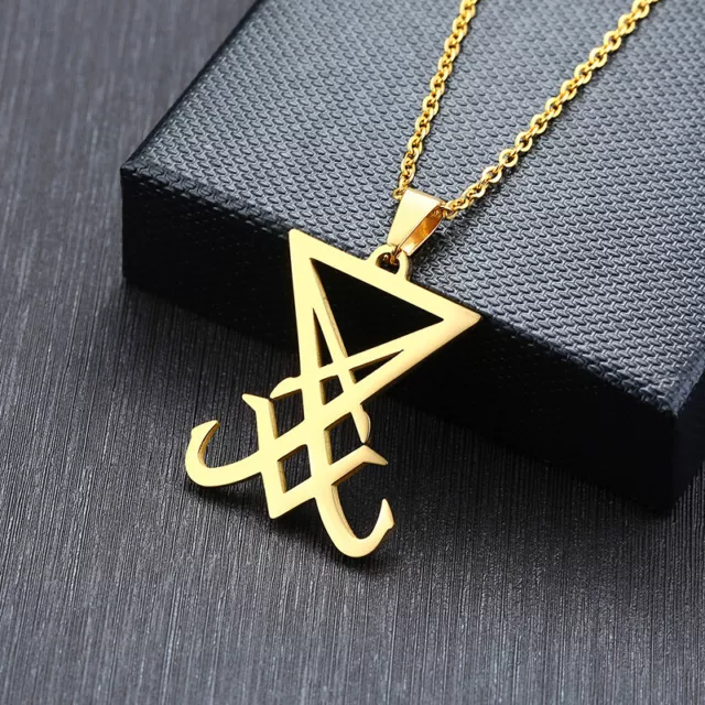 Men Sigil of Lucifer Pendant Necklace Satanic Symbol Amulet Inverted Cross Chain