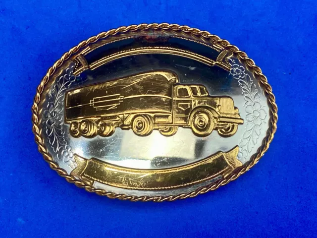 Vintage German silver Semi Driver Big Rig blank award ribbon scroll belt buckle 2