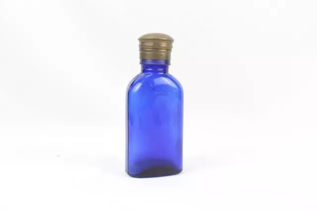 Beautiful Old Cobalt Blue Glass Bottle with Rustic Brass Lid - Collectible Charm