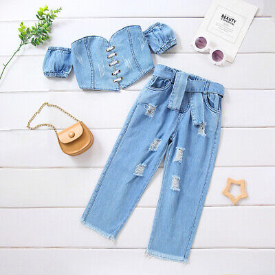 Toddler Kids Baby Girls Outfits Short Sleeve Denim Tops Jeans Pants Clothes Set