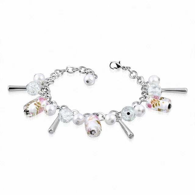 Bracelet Mode Rose Avec Perle De Verre Ovale Et Charme - Alliage - Neuf étiqueté