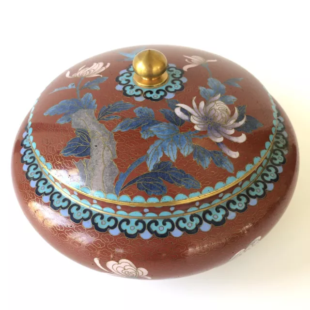 Cloisonne Box Jar Lid Enamel Floral Birds Vintage Asian Art 8.5 inch Round Large