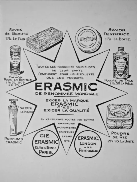 Publicité 1915 Erasmic Savon De Beauté Pour Toilette Parfum Poudre Dentifrice