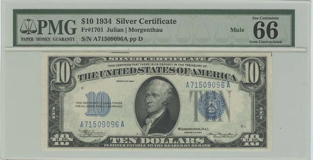 1934 $10 Silver Certificate FR#1701 PMG 66EPQ Gem Unc MULE