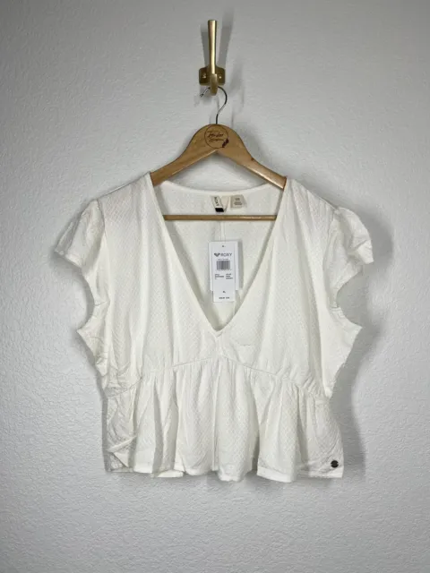 Roxy Sweet Release Woven Top Size XL Cropped Ruffled White