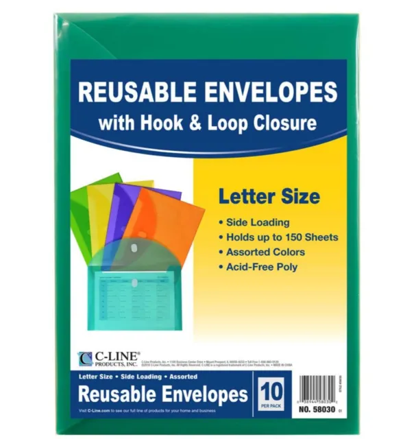 C-Line® Reusable Poly Envelope, 8 1/2 x 11, Assorted, 10/Pack (CLI58030)