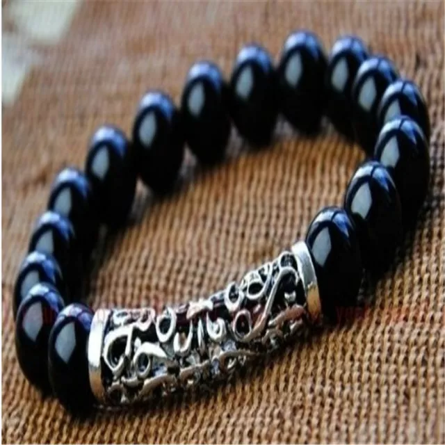 8mm obsidian silver bracelet Buddhism pray cuff men Sutra Handmade Bless