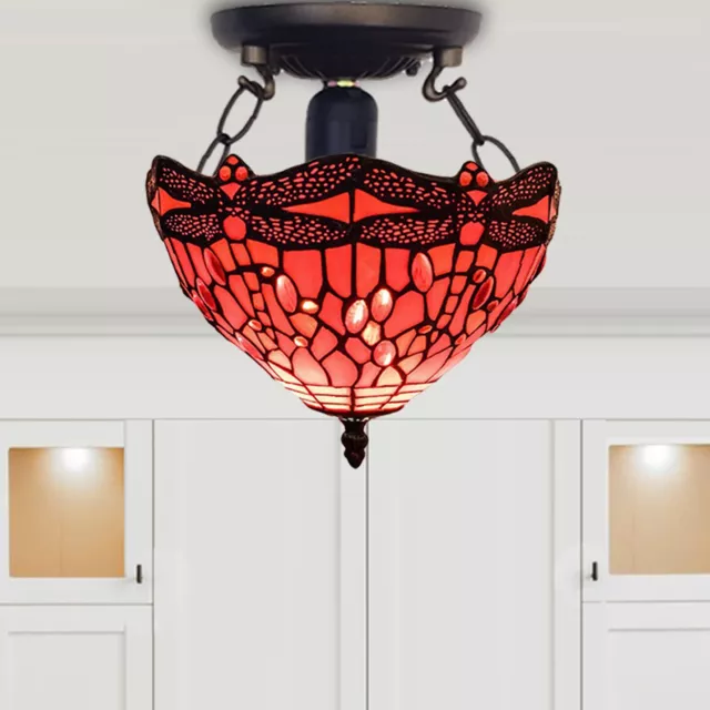 Red Tiffany Ceiling Lamp Antique Dragonfly 10 inch Stained Glass Handmade Shade