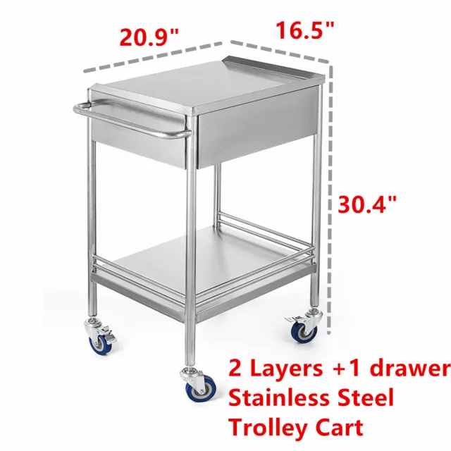 Dental Lab Medical Salon Spa Cart Trolley W/ Drawer Stainless Steel US Stock