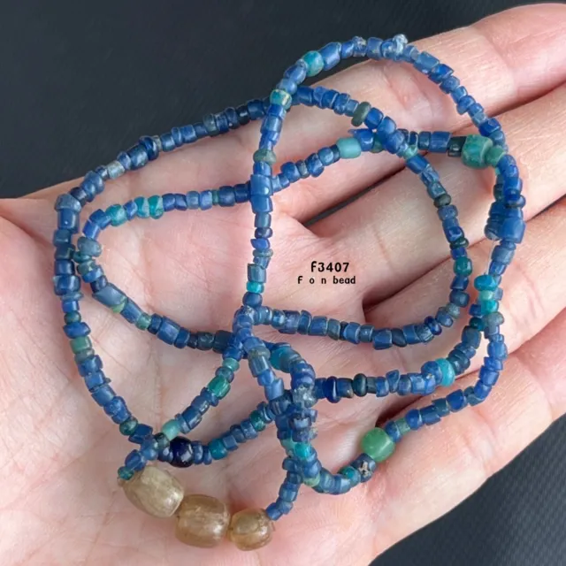 Ancient Blue Color Indo-Pacific Trade Glass Bead Strand Necklace #F3407