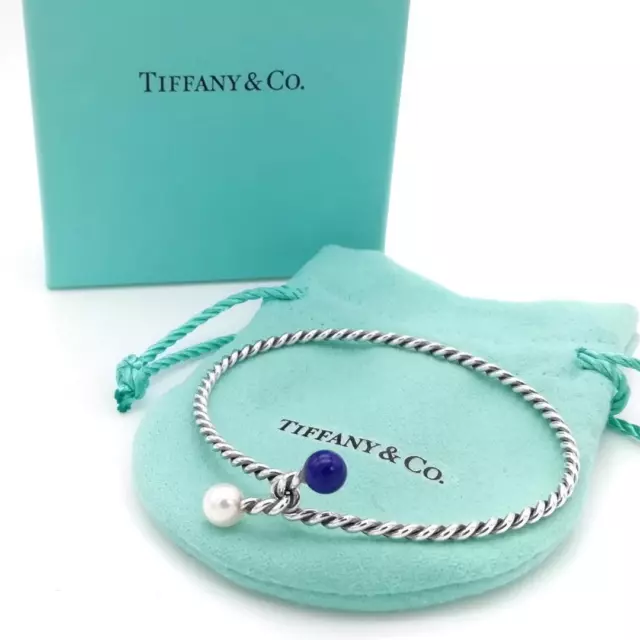 Tiffany & Co. Lapis Lazuli Pearl Ball Hook Blue x White Screw Bangle SV925 #o354