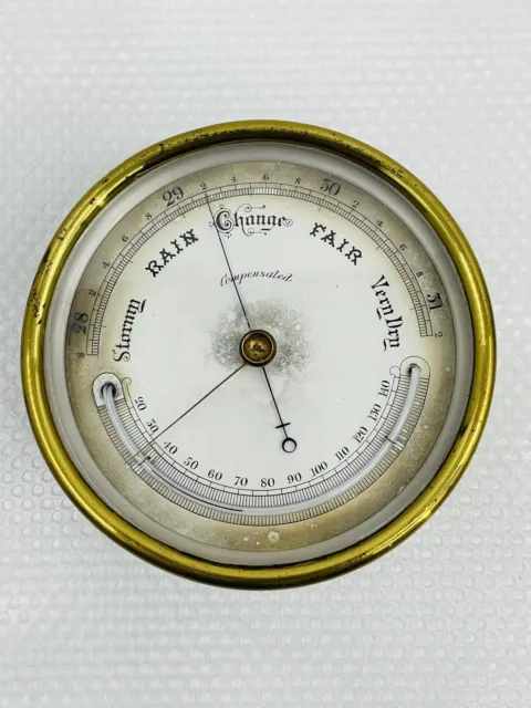 Vintage Brass Compensated Barometer/ Thermometer 4 3/4” TESTED & Working