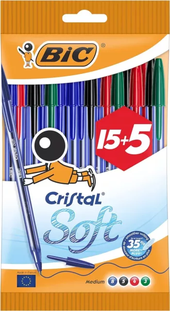 BIC Cristal Suave Bolígrafos Paquete De 20 Negro Azul Rojo Color Medio Punto