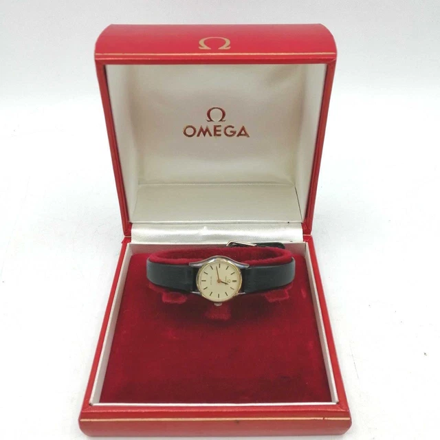 Omega De Ville Silver Gold Round Black Leather Manual Winding Mens Watch Auth