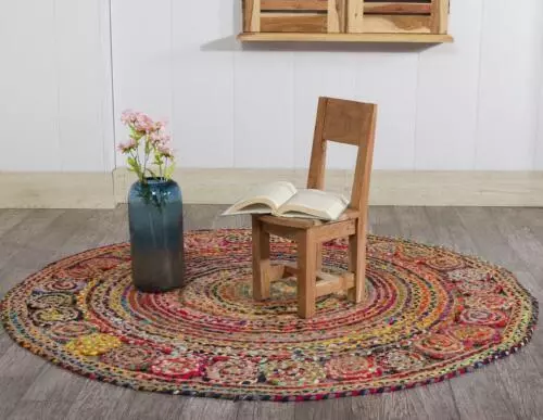Round Rug Natural Jute & Cotton Bohemian Area Rag Multicolor Rug Indoor Carpet
