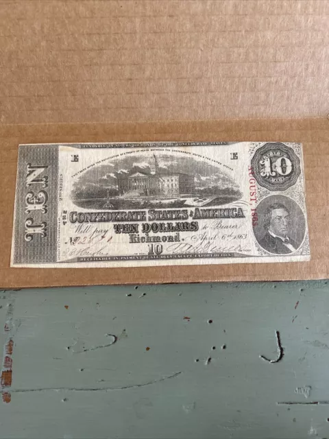 1863 $10 Ten Dollars Civil War Confederate States Of America Currency