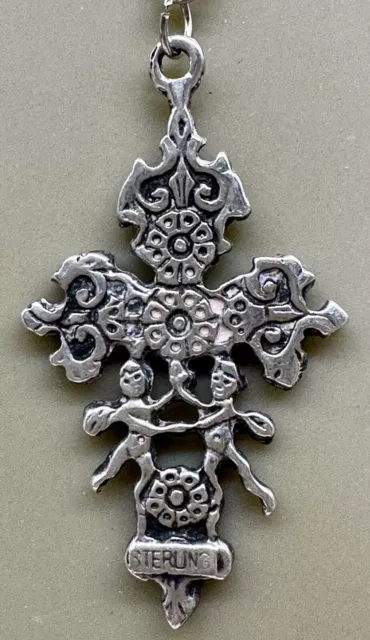 Antique Victorian Ornate Sterling Silver Cross Putti Cherub Pendant Necklace