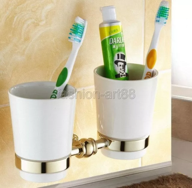 Gold Color Brass Bathroom Wall Mounted Toothbrush Holder Two Ceramic Cups fba138