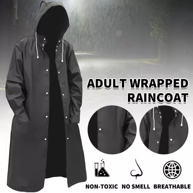 Men Black Waterproof Long Raincoat Rain Coat Hooded Trench Jacket Outdoor Hiking