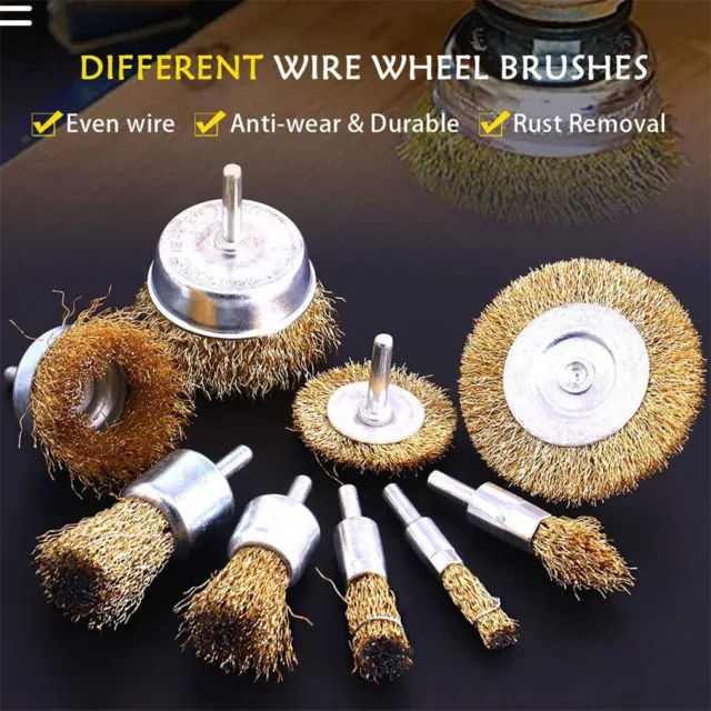 Set of 9 True Brass Wire Wheel Brush Kit Crimped Cup Brush for Drill Cleaning UK