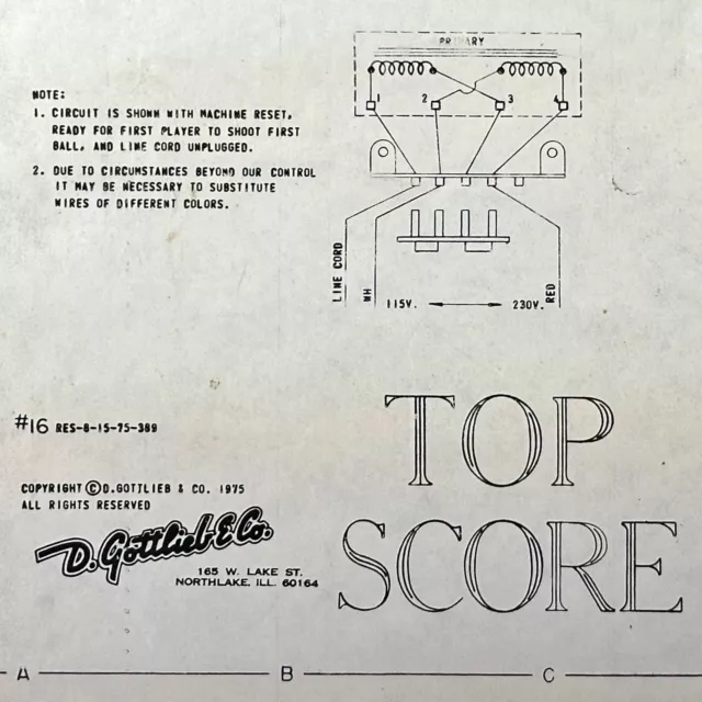 Gottlieb Top Score Pinball Machine Game Manual Schematics