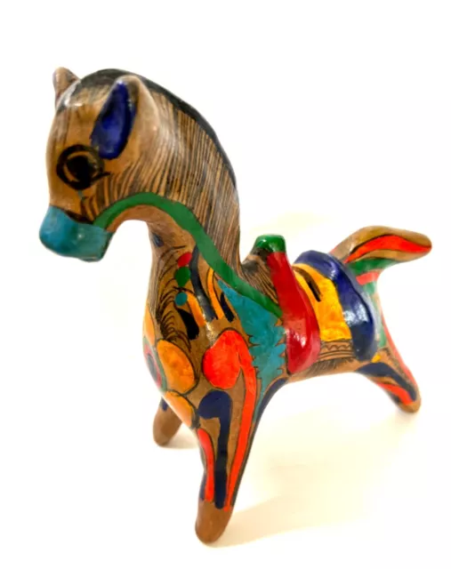 Vintage Mexican Painted Clay Pottery Horse Figurine Folk Art Hand Made Bank