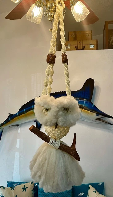 Large Vintage Mid Century Macrame Owl Plant Hanger