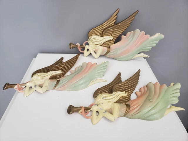 LOT 3 Vintage Cast Metal Pastel Angel Wall Hanging Nursery Christmas Kitschy MCM