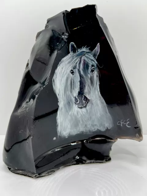 Obsidian Hand Painted Horse Stallion White Black Rock Signed Art 7”