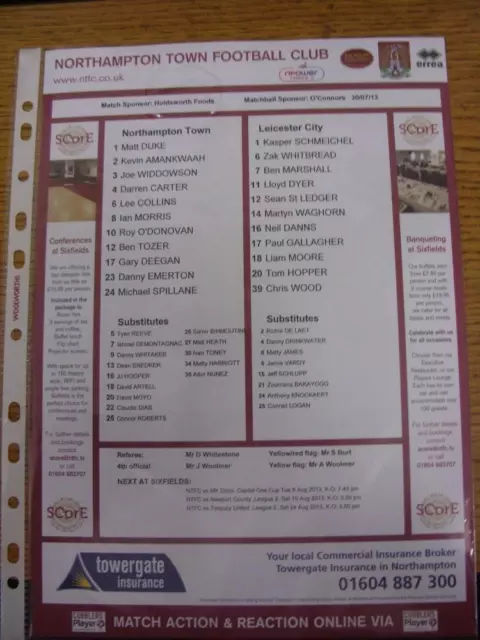 30/07/2013 Colour Teamsheet: Northampton Town v Leicester City [Friendly]. This