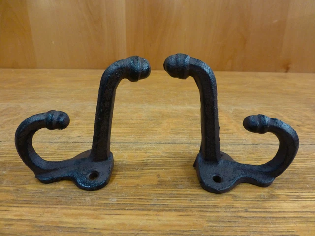 2 BROWN ANTIQUE-STYLE DOUBLE SCHOOL COAT HOOKS RUSTIC CAST IRON 3" wall hardware