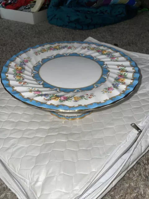 Crown Staffordshire Fine Bone China England Tunis Blue Pedestal Cake Plate Rare