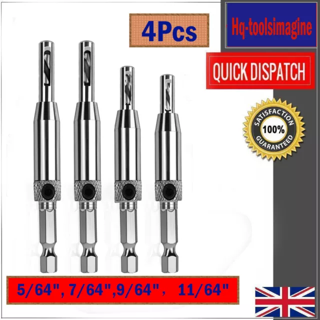 4x HSS Self Centering Hinge Hardware Drill Bit Set Door Drawer Pilot Hole Guides