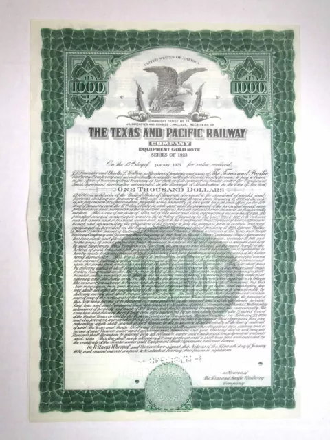 TX. Texas & Pacific Railway Co., 1920, $1000 Specimen 6% Coupon Bond, VF